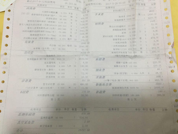 陕西妇幼某患者的试管费用明细单